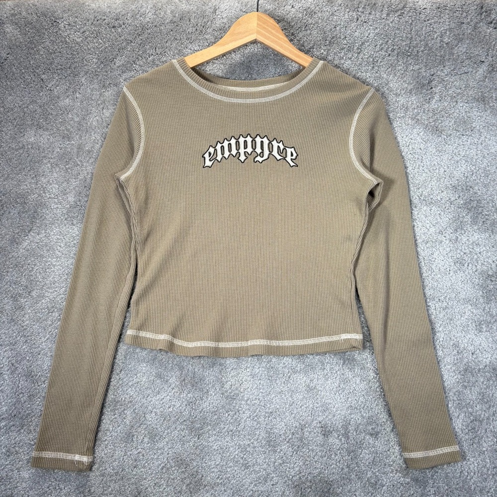 Empyre‎ Shirt Top Womens S Beige Waffle Knit Thermal Cropped Fitted Skater Y2K